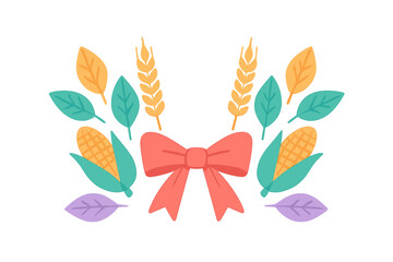 Colorful harvest arrangement featuring a central red bow, corn cobs, wheat ears, and autumn leaves