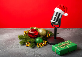 Vintage Microphone with Santa Hat and Ornaments, holiday music or podcast theme.