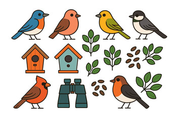 Colorful cartoon birds, birdhouses, binoculars, leaves, and seeds collection for nature and wildlife themes © Mark
