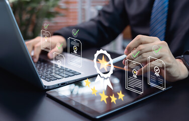 Organizational assurance concept, Businessman verifying client data through digital checklist for...