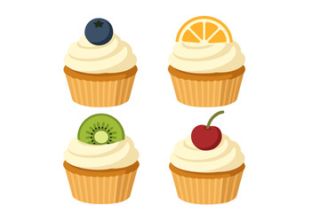Four sweet cupcakes topped with fresh blueberry, orange, kiwi, and cherry fruit slices