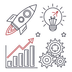 Illustration of business startup concept with rocket, lightbulb, chart, and gears