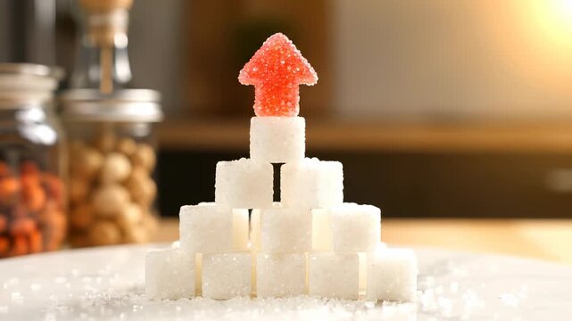 White sugar cubes form a pyramid structure with a red candy arrow pointing upward. This symbolizes increasing health risks, rising blood glucose levels, and concerns about sweet food causing diabetes.