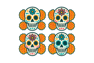 Colorful traditional Mexican sugar skulls decorated with marigold flowers for Dia de Muertos