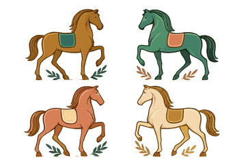 Stylized collection of four prancing horses with decorative leaves and saddle blankets