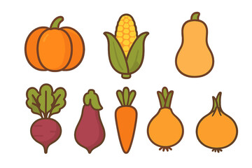 Fresh organic produce assortment featuring pumpkin, corn, butternut squash, beet, eggplant, carrot, and yellow onions