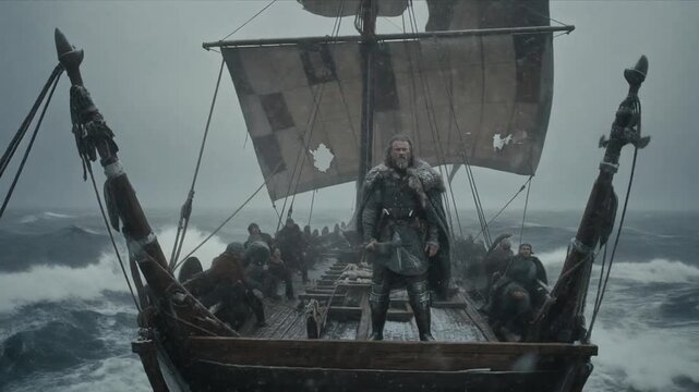 A warrior stands on a Viking longship battling stormy seas, surrounded by his crew as wind and waves crash against the wooden vessel.