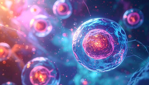 Close-up view of multiple glowing biological cells, various sizes and structures