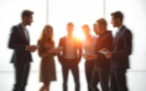 Diverse Team of Professionals Collaborating on Digital Marketing Campaign in Warm Studio Lighting with Motion Blur on White Background. High quality - Powered by Adobe