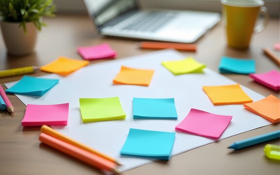 Desk covered in colorful sticky notes and office supplies for brainstorming. High quality