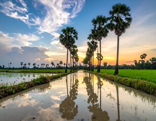 Obraz premium A serene landscape showing a row of tall trees reflected in a flooded field, under a colorful sunset sky