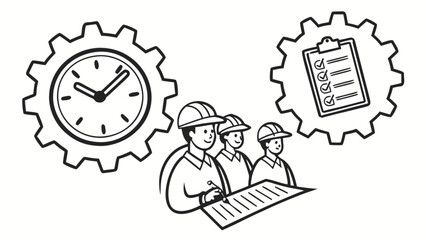 A group of construction workers are planning the project, with a clock and checklist in the background
