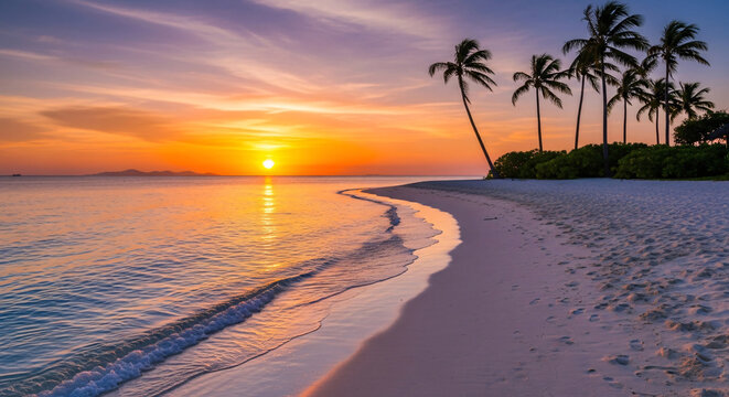 Tropical Beach Sunset with Palm Trees and Golden Sky