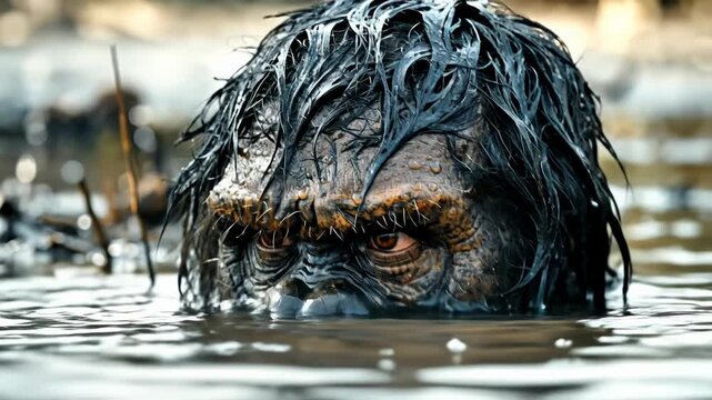 This shows a close view of an early human, likely an ancient hominid, immersed up to its neck in a watery environment. The stone age human looks directly at the camera in this brief, immersive moment