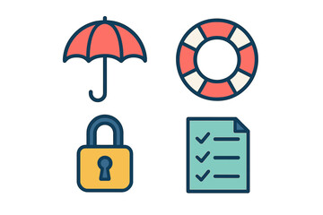 Safety and security concepts represented by umbrella, padlock, life preserver, and checklist
