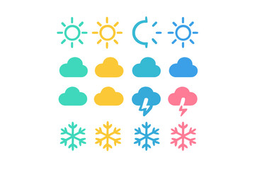 Vibrant gradient weather icons set showing sun, clouds, snow, and storms