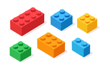 Set of colorful plastic construction toy bricks displayed in isometric view