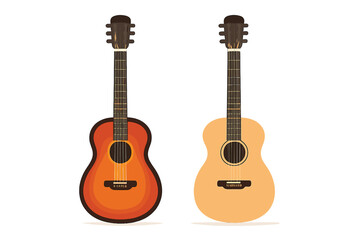 Obraz premium Two classical acoustic guitars featuring natural wood and sunburst orange finishes