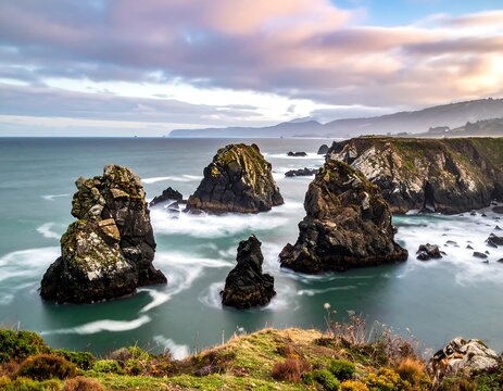 Coastal landscape view of rock formations in calm ocean water under cloudy skies at dawn