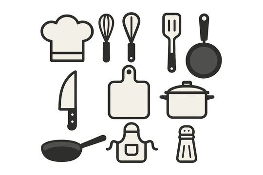 Set of essential kitchen cooking tools and utensils including chef hat apron knife pot and pan