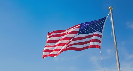 Fototapeta premium American Flag Waving Proudly Against a Bright Blue Sky on a Sunny Day.