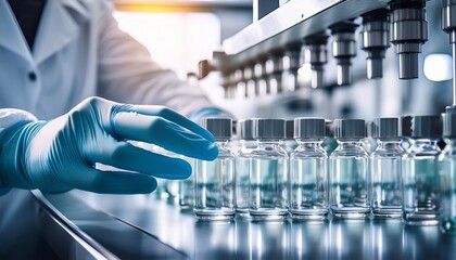 staff check medical vials on production line at pharmaceutical factory pharmaceutical machine working pharmaceutical glass bottles production line generative ai