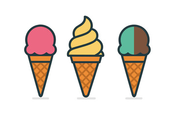 Collection of three colorful ice cream cones with different flavors and styles