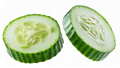 two fresh cucumber slices in air isolated over white background ready cut out