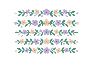 Set of five decorative floral dividers with purple and pink blossoms and green foliage