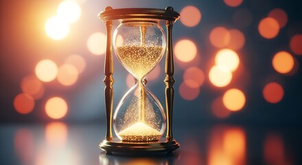 Elegant Hourglass with Flowing Golden Sand and Bokeh Lights - Antique Timepiece for Time Management Deadline Concepts and Precious Moments - Beautiful Still Life