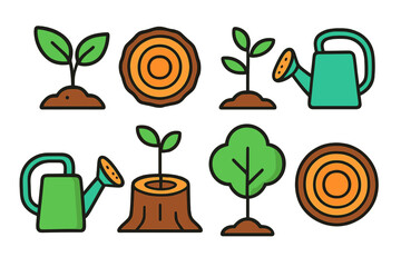 Gardening and forestry elements including seedlings, trees, watering cans, and wood logs