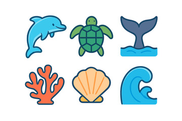 Ocean life icons set featuring dolphin, sea turtle, whale tail, coral, seashell, and wave symbols