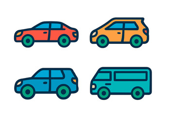 Four colorful passenger vehicles including sedan, SUV, hatchback, and minivan