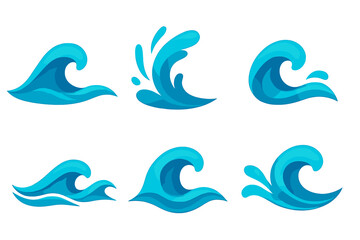 Six blue stylized ocean waves and water splashes for marine design elements