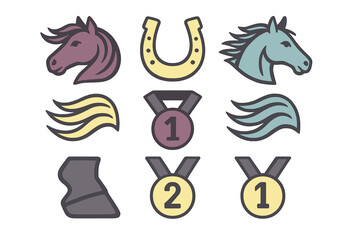 Stylized equestrian sport symbols featuring horse heads, horseshoe, hoof, and achievement medals