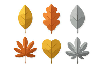 Set of six colorful autumn foliage elements in modern flat design style with subtle shadows