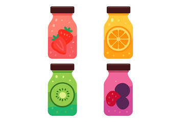 Four colorful fruit smoothie bottles with strawberry, orange, kiwi, and mixed berry flavors
