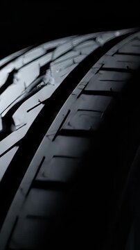 Close up of a new tire tread spinning against a dark backdrop, showcasing detailed rubber pattern, texture and grip for automotive, performance and safety applications
