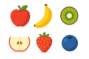 Collection of fresh organic fruits including banana kiwi strawberry and blueberry