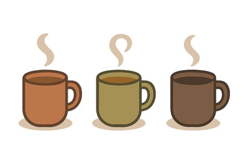 Three steaming mugs of hot coffee or tea lined up in a row on a white background