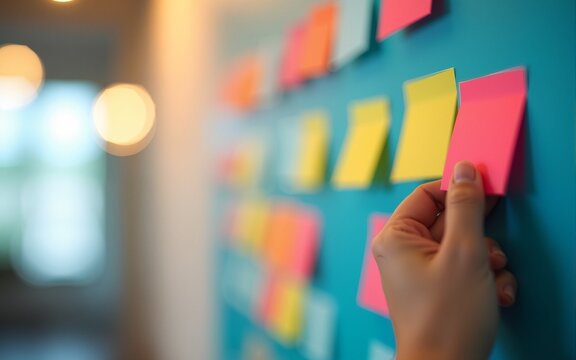 Hand Placing Colorful Adhesive Note on Creative Idea Board Wall, motion blur Business concept, motion bokeh background. High quality