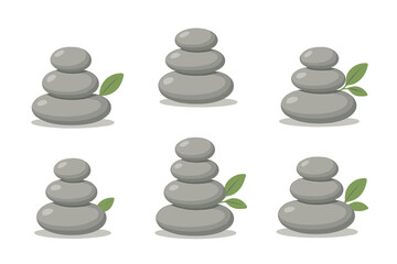 Seamless pattern of balanced gray spa stones and green leaves for zen design