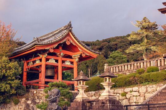 Traditional Japanese Temple Bell Pavilion at Sunset in Kyoto