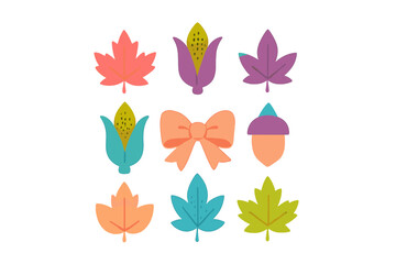 Colorful autumn harvest icons set with stylized maple leaves corn and decorative bow