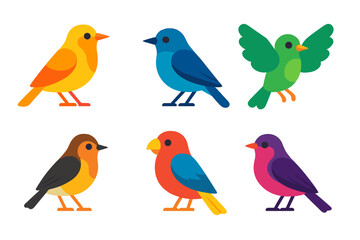 Set of six brightly colored stylized birds showcasing various species and vibrant plumage
