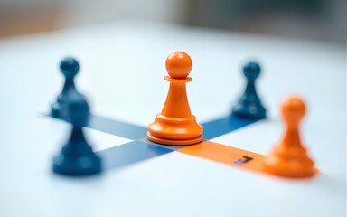 Team Collaboration Tools. Blue and orange game pieces connected on white board strategy planning concept for business, teamwork, marketing, project management, or education with blurred background an