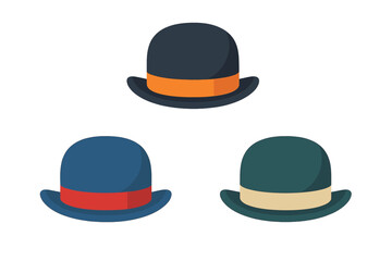 Collection of three classic bowler hats in different colors with contrasting bands