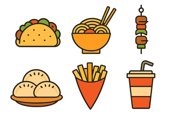 Popular fast food and international snack items including tacos, noodles, french fries, and dumplings