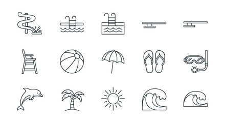 Vector line icon bundle representing water park and swimming pool elements, including slides, diving boards, lifeguard chair, beach ball, umbrella, flip-flops, snorkel mask, dolphin, palm tree, sun