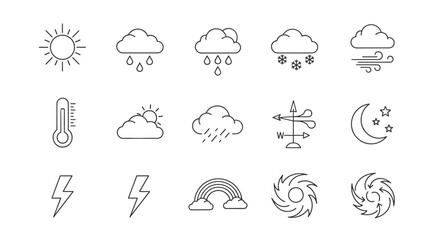 Naklejka premium Diverse Meteorology Line Icon Set: A Comprehensive Collection of Weather Symbols Including Sunny, Overcast, Rainy, Snowy, Windy, Climate, Moon, Stars, Thermometer, Lightning, Rainbow, and Hurricane
